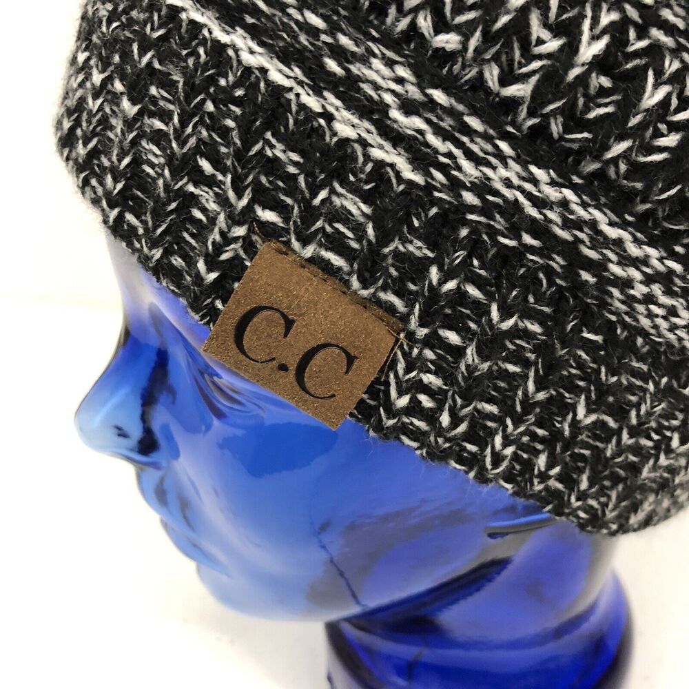 CC Hat Beanie Warm Chunky Soft Stretch Cable Knit Black & White Womens